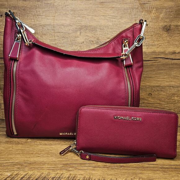 MICHAEL Michael Kors Handbags - Michael Kors Matilda Red Leather Gold shoulder bag Purse Wristlet Wallet Set